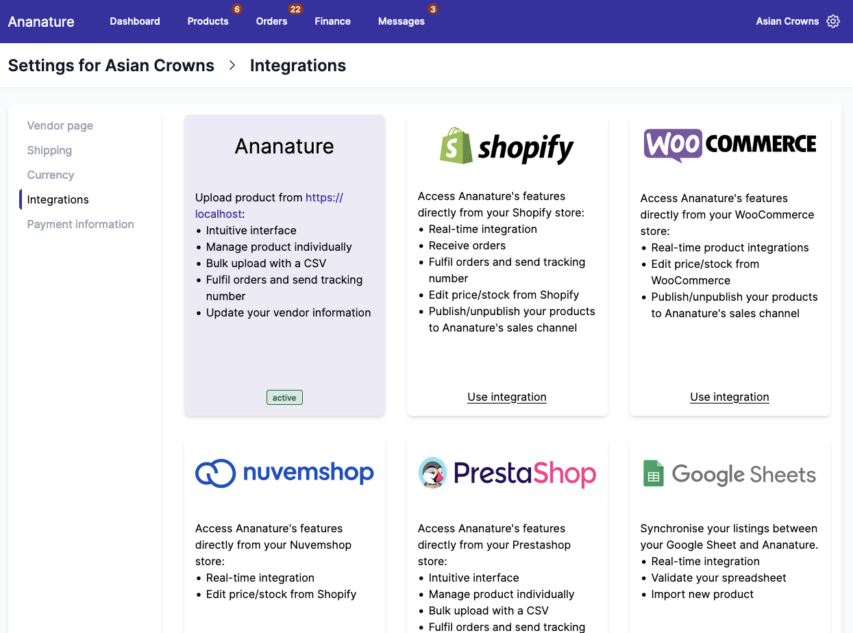 All integrations available to vendors