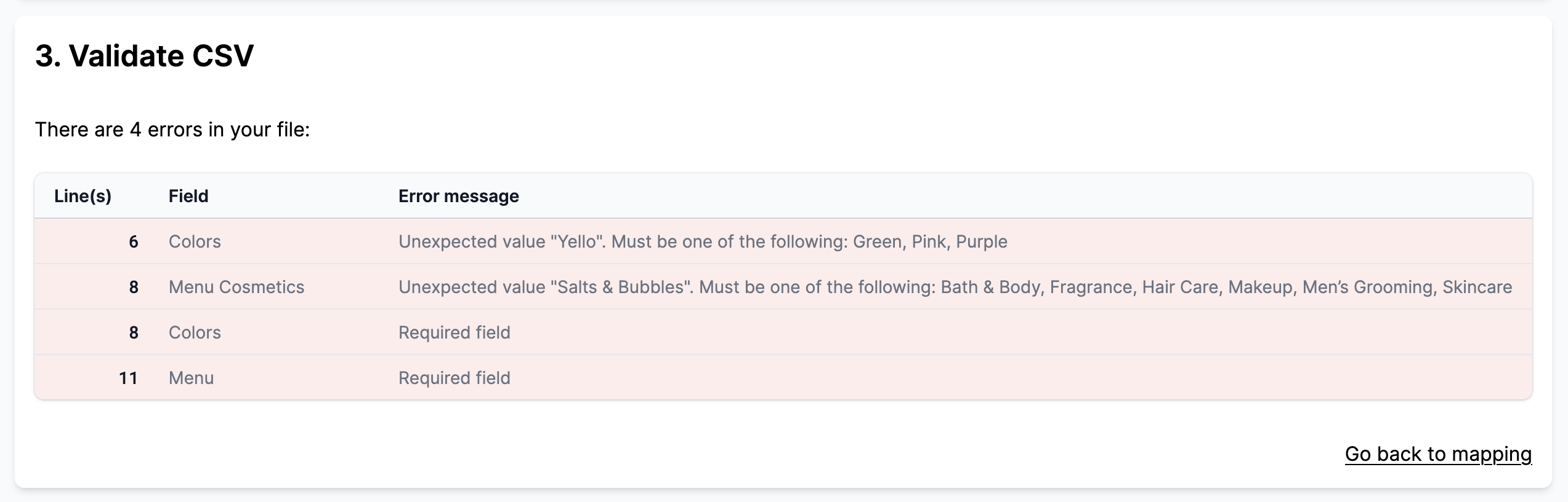 CSV upload errors