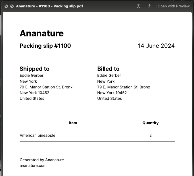 order packing slip generated