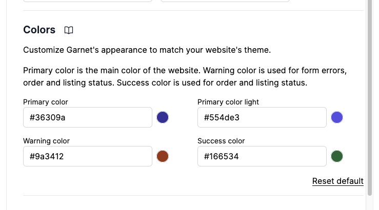 how to set garnet marketpalce colors