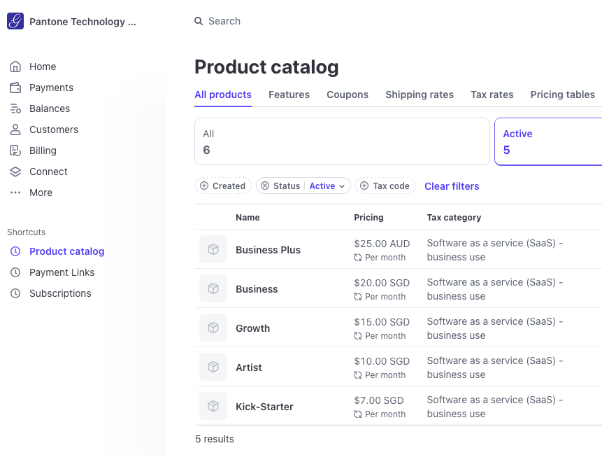 Product catalog from Stripe