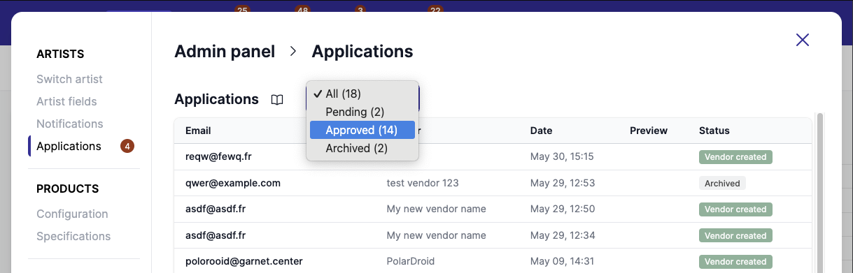 Vendor application filter