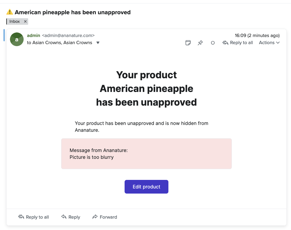 Vendor has been unapproved email